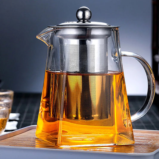 Teapot Glass With Infuser Heated Resistant Container Flower Tea Herbal Pot Mug Clear Kettle Square Filter Glass Tea Pot Teaware