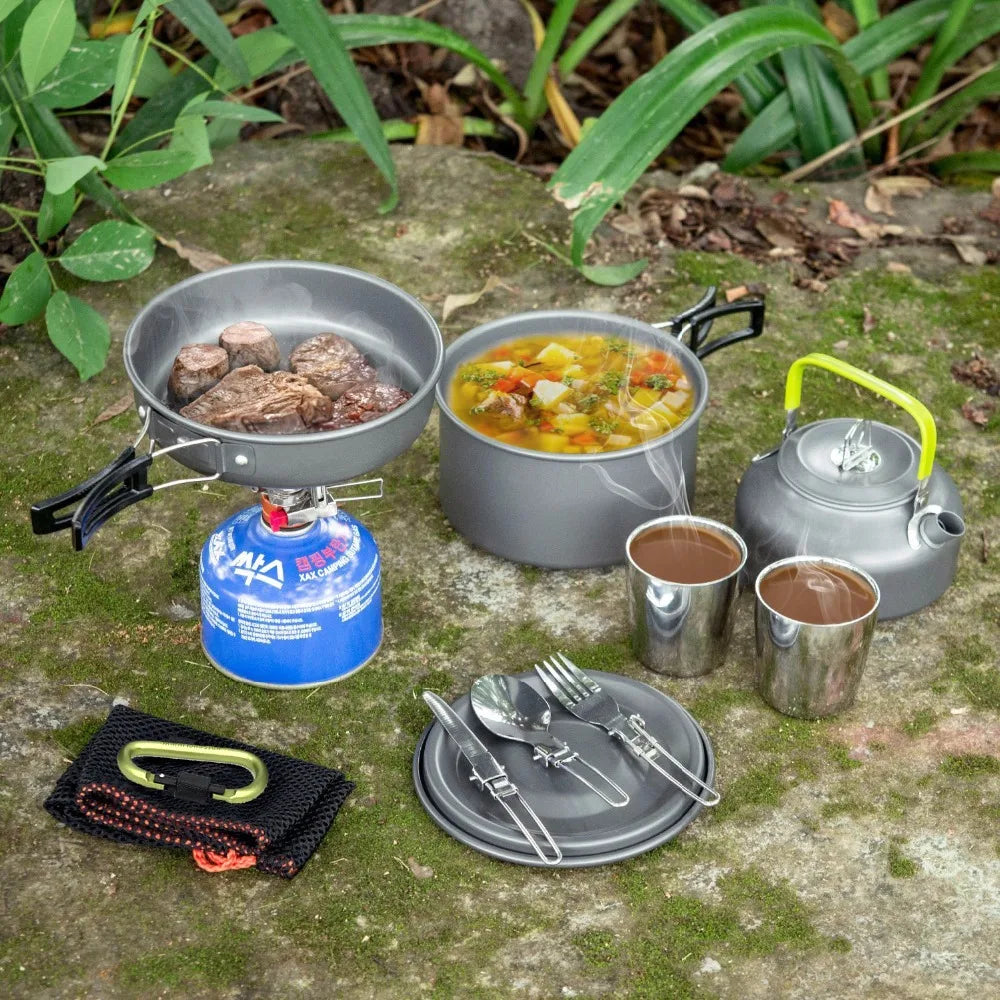 1 Set Outdoor Pots Pans Camping Cookware Picnic Cooking Set Non-stick Tableware  With Foldable Spoon Fork Knife Kettle Cup