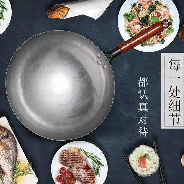 2023 New Chinese Traditional Iron Wok Handmade Large Wok & Wooden Handle Non-stick Wok Gas Cooker Pan Kitchen Cookware Iron Pot