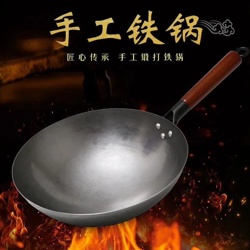 2023 New Chinese Traditional Iron Wok Handmade Large Wok & Wooden Handle Non-stick Wok Gas Cooker Pan Kitchen Cookware Iron Pot