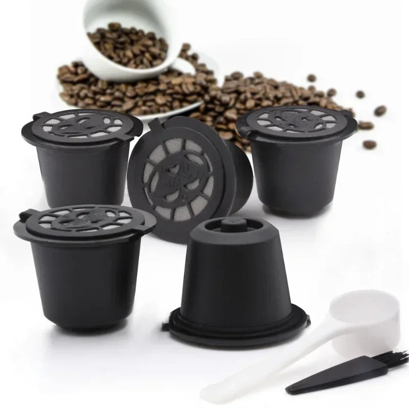 6PCS Reusable Nespresso Coffee Capsules Cup With Spoon Brush Black Refillable Coffee Capsule Refilling Filter Coffeeware Gift