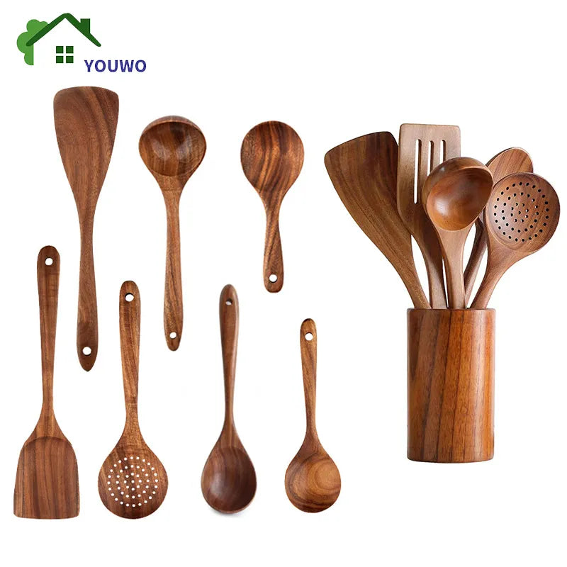 Natural Teak Cooking Spoon Scoop Kitchen Wooden Spatula Non-stick Utensils Set For Cooking With Hanging Hooks Cookware Tool