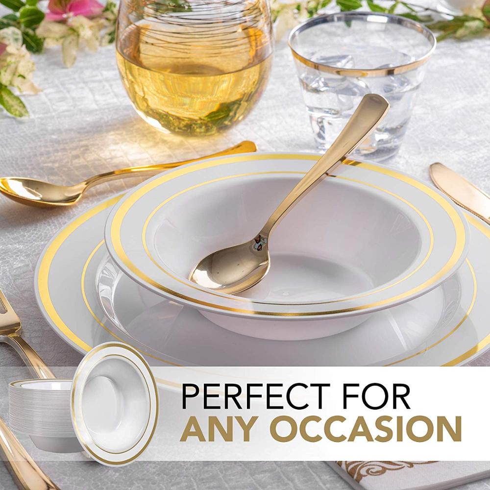 25pcs Disposable Plastic Bowls-12 oz Soup Bowls - Gold Trim Real China Design - Premium Heavy Duty Plastic Plates for Wedding